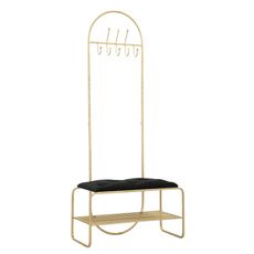 Estila Dizajnová art deco lavica s vešiakom Araccia so zlatou kovovou konštrukciou a zamatovým čiernym sedadlom 180 cm
