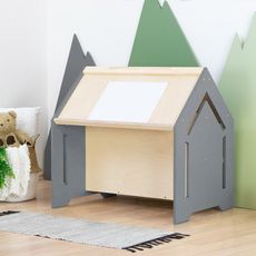 Benlemi Detský domčekový stolík na kreslenie CREATIVE Zvoľte farbu korpusu: Tmavo sivá, Zvoľte farbu plôch: Nelakovaná