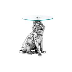 Estila Dizajnový art deco príručný stolík Tierra Glam s okrúhlou sklenenou doskou a nohou v podobe strieborného leva 60 cm