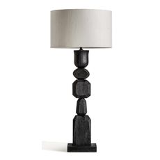 Estila Luxusná dizajnová stolná lampa Ninewe s masívnou vyrezávanou podstavou v čiernej farbe a béžovým jutovým tienidlom 95 cm