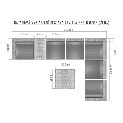 Deokork Ratanová variabilná zostava SEVILLA pre 6 osôb (sivá)