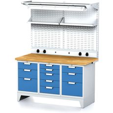 Dielenský stôl MECHANIC I, perfopanel, polica, el. zásuvky, osvetlenie, 1x 5 a 2x 3 zásuvkový box na náradie, 11 zásuviek, modré