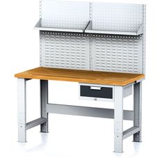 Nastaviteľný dielenský stôl MECHANIC I, závesný box na náradie, nadstavba, polica, 1 zásuvka, 1500x685x700-1055 mm, antracit