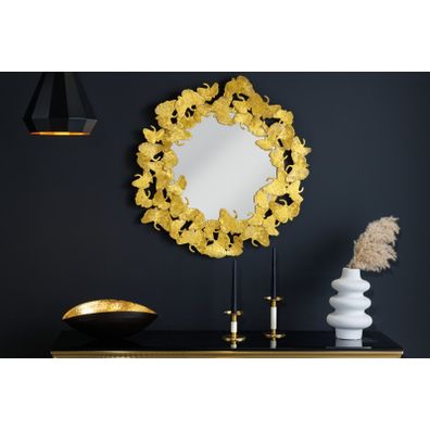 Estila Glamour okrúhle nástenné zrkadlo Ginko v zlatom prevedení s ozdobným kovovým rámom z listov ginka 70cm