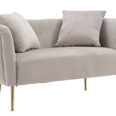 Estila Art deco obdĺžniková sivá čalúnená dvojmiestna sedačka Lienne a oblými opierkami na zlatých nožičkách 127 cm