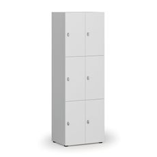 Drevená šatníková skrinka s úložnými boxmi, 6 boxov, otočný zámok, sivá/biela