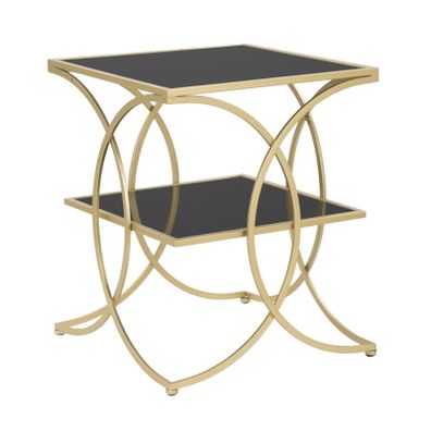Estila Art deco štvorcový kovový zlatý príručný stolík Aglar s dvomi sklenenými čiernymi doskami 55 cm