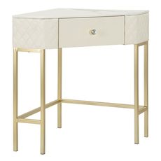 Estila Dizajnový glamour rohový konzolový stolík Glamia Tapisé so zásuvkou s béžovým prešívaným čalúnením a zlatou podstavou 84 cm