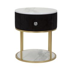 Estila Luxusný glamour okrúhly nočný stolík Glamia Tapisé s čiernym poťahom a detailmi z bieleho mramoru a zlatého kovu 42 cm