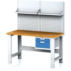 Nastaviteľný dielenský stôl MECHANIC I, závesný box na náradie, nadstavba, polica, 2 zásuvky, 1500x685x700-1055 mm, modré