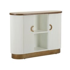 Estila Art deco dvojdvierkový oválny konzolový stolík Glamia Blanc s hnedou doskou a bielým vrúbkovaným korpusom 121 cm