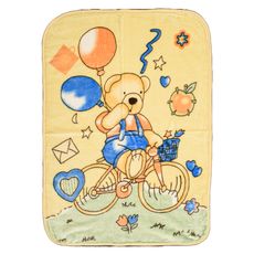Žltá detská deka MACKO NA BICYKLI, 80x110 cm