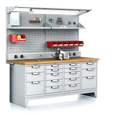 Dielenský stôl MECHANIC I, perfopanel, polica, el. zásuvky, osvetlenie, 2x 5 a 2x 3 zásuvkový box na náradie, 16 zásuviek, sivé dvere