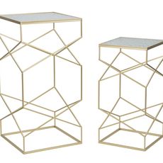 Estila Art deco sada atypických štvorcových kovových zlatých príručných stolíkov Bismuth so sklenenou štruktúrovanou doskou 100 cm