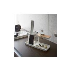 Biely multifunkčný stojan s detailom z bukového dreva YAMAZAKI Tower Desk Bar