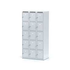 Šatníková skrinka s úložnými boxami, 15 boxov, 1800 x 900 x 500 mm, cylindrický zámok, sivé dvere