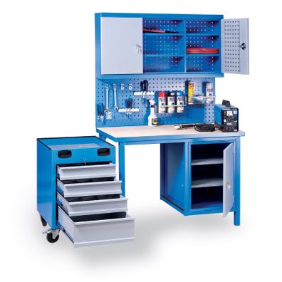 Dielenský pracovný stôl GD s pojazdným boxom na náradie, 4 zásuvky, 1 skrinka, 1190 x 600 x 850 mm, modrá