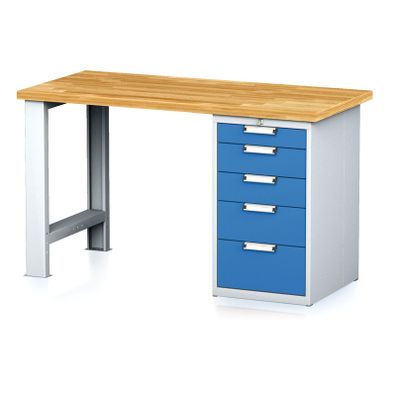 Dielenský pracovný stôl MECHANIC I, pevná noha + dielenský box na náradie, 5 zásuviek, 1500 x 685 x 880 mm, modré dvere
