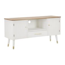 Estila Art deco biely TV stolík Samira s dvomi dvierkami a jednou zásuvkou s vrúbkovaným povrchom a hnedou vrchnou doskou 117 cm