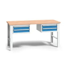 Výškovo nastaviteľný pracovný stôl do dielne WL s 2 závesnými boxami na náradie, buková škárovka, 4 zásuvky, 1700 x 685 x 840 - 1050 mm