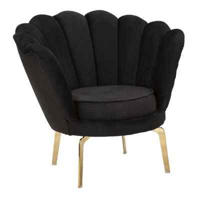 Estila Art deco čalúnené prešívané kreslo Perla so zamatovým čiernym poťahom v tvare mušle so zlatými kovovými nožičkami 83 cm