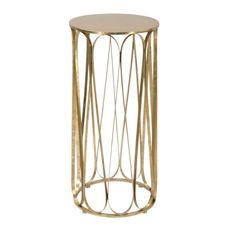 Estila Art deco okrúhly kovový zlatý príručný stolík Lenia s ohýbanými vlnami na valcovej nohe 81 cm