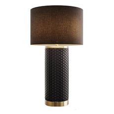Estila Moderná čierna stolná lampa Draconia so zlatými kovovými detailmi a keramickou podstavou s pleteným dizajnom 70 cm