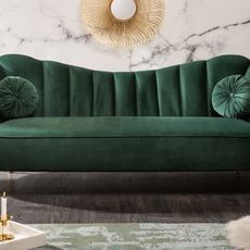Estila Art-deco nadčasová zelená zamatová sedačka Meridea na nožičkách zlatej farby 220cm