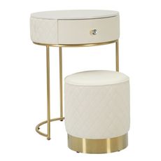 Estila Art deco krémový toaletný stolík s taburetkou Glamia Tapisé s mramorovou doskou a koženým poťahom so zlatými detailmi 52 cm