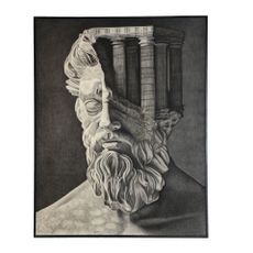 Estila Luxusný surrealistický obdĺžnikový obraz Mares antického muža v čierno sivej farbe s čiernym tenkým rámom 183 cm