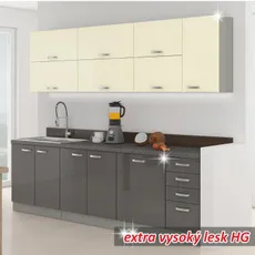 Kuchynská linka, základná zostava, šedá vysoký lesk / krémová vysoký