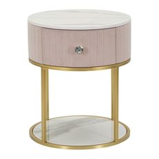 Estila Luxusný glamour ružový okrúhly čalúnený nočný stolík Glamia Tapisé so zásuvkou s bielym mramorom a zlatou konštrukciou 42 cm