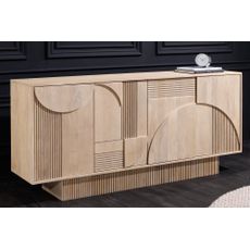 Estila Dizajnový art deco štvordverový príborník Sonia s geometrickým reliéfom z bieleného dreva v svetlej béžovej farbe 170 cm