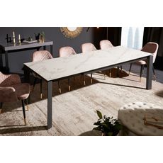 Estila Moderný rozkladací jedálenský stôl Industria Marbleux s čiernymi nožičkami z kovu vzhľad biely mramor obdĺžnikový 180(240)cm