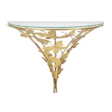Estila Sklenený glamour konzolový stolík Papillon polkruhového tvaru s podstavou s dizajnom motýľov v zlatej farbe 45 cm