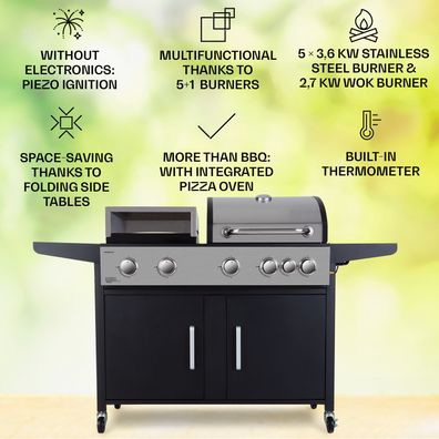 Klarstein Kingsville XL, kombinovaný gril, plyn, pec na pizzu, 20,5 kW, 5 + 1 horáky