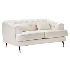 Estila Art deco dvojmiestna čalúnená zamatová krémová sedačka Lana s čiernymi nožičkami so zlatými detailmi 146 cm