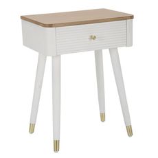Estila Art deco obdĺžnikový drevený nočný stolík Samira s hnedou doskou s bielym korpusom so zásuvkou so zlatými detailmi 62 cm