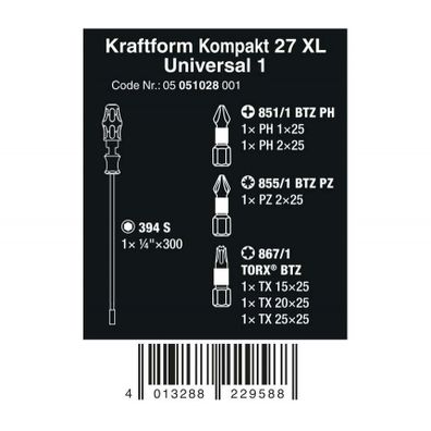 Wera 051028 Držiak bitov 300 mm Kraftform Kompakt 27 XL Universal 1 vrátane bitov (sada 7 kusov)