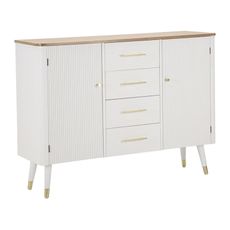 Estila Art deco biely príborník Samira s dvomi dvierkami a štyrmi zásuvkami s rebrovaným povrchom a hnedou doskou 117 cm