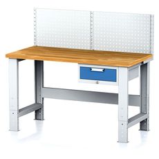 Nastaviteľný dielenský stôl MECHANIC I, závesný box na náradie, nadstavba, 1 zásuvka, 1500x685x700-1055 mm, modré