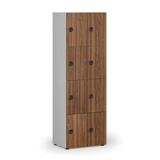 Drevená šatníková skrinka s úložnými boxmi, 8 boxov, kódový zámok, sivá/orech