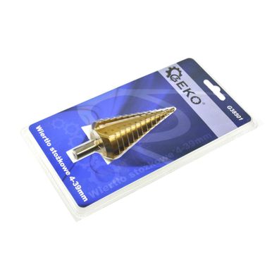 GEKO Vrták stupňovitý, 4-39mm, stupňovanie po 3mm, 13 otvorov, stopka 13mm, TiN