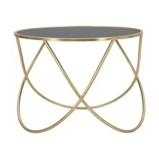 Estila Art deco okrúhly zlatý kovový konferenčný stolík Lenim s nohou s ohnutých tyčí a s vrchnou sklenenou čiernou doskou 60 cm