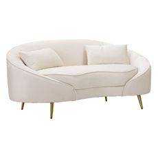 Estila Art deco dvojmiestna čalúnená sedačka Zara v krémovej farbe so zamatovým poťahom s prešívaním so zlatými nožičkami 148 cm