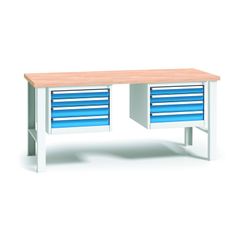 Pracovný stôl do dielne WL s 2 závesnými boxami na náradie, buková škárovka, 8 zásuviek, pevné kovové nohy, 1700 mm