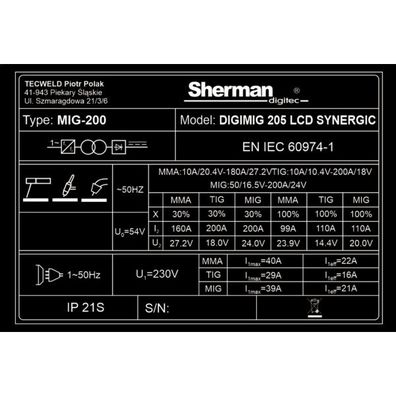 Sherman DIGIMIG 205 LCD SYNERGIC + Horák 3m + Káble 2m + Drôt + Sprej + Kukla + Vozík + Ventil + plná Fľaša CO2