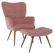 Kreslo s podnožou, ružová Velvet látka/dub, HABEN