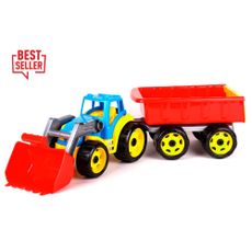 LEAN TOYS Modrý traktor s červenou vlečkou + lyžica