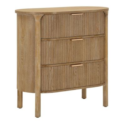 Estila Štýlová art deco oválna drevená komoda Meer v hnedej farbe s vyrezávanou drážkovanou štruktúrou a tromi zásuvkami 82 cm